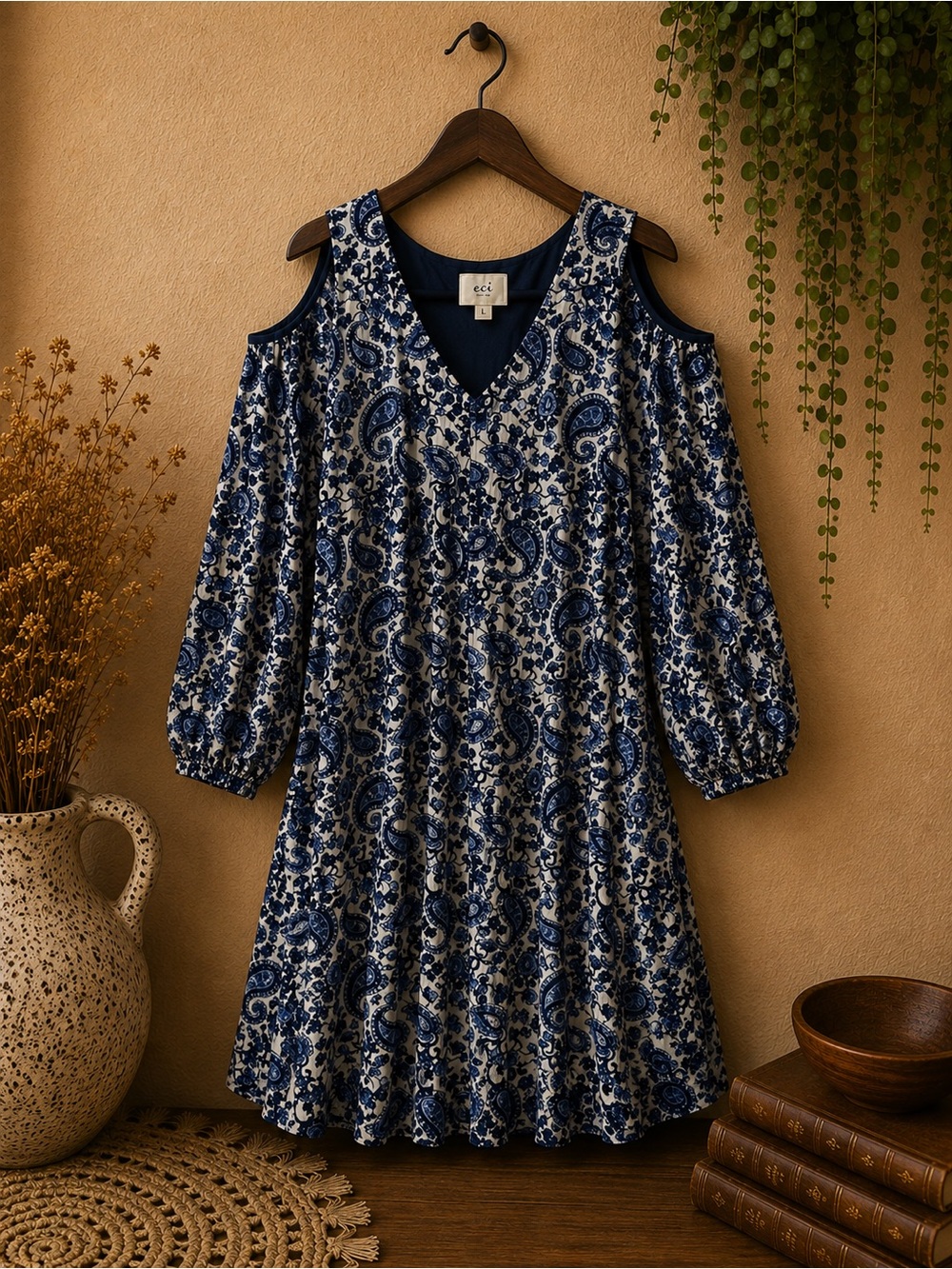 ECI‎ Paisley Print Cold Shoulder V Neck Dress Size Large